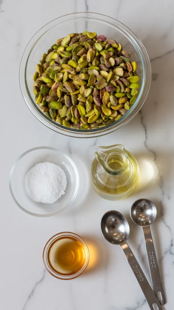 Pistachio butter ingredients on marble counter: bowl of raw shelled pistachios, sea salt, neutral oil, honey, and measuring spoons