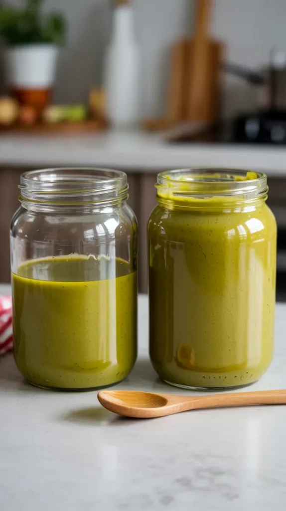 Two glass mason jars filled with homemade green pistachio butter stored on kitchen counter with wooden spoon nearby