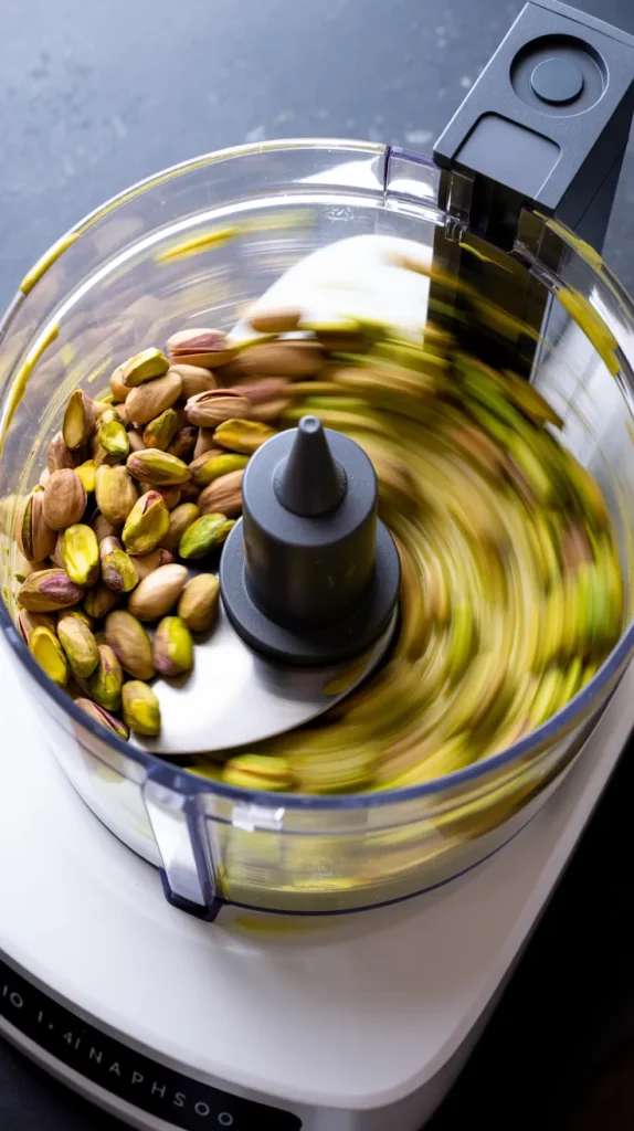 Raw shelled pistachios being processed in food processor bowl with motion blur showing nuts transforming into creamy pistachio butter