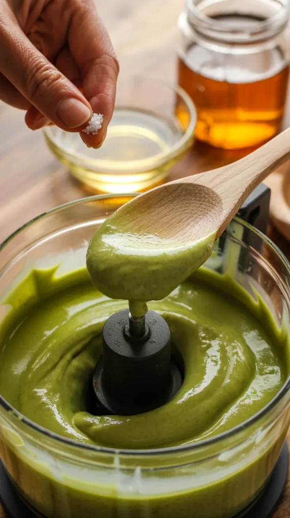 Hand adding pinch of salt to smooth green pistachio butter in food processor bowl with honey jar and wooden spoon nearby