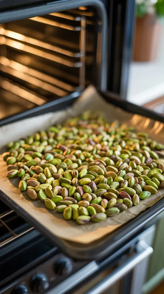 Raw shelled pistachios spread on parchment-lined baking sheet in preheated oven ready to roast for homemade pistachio butter