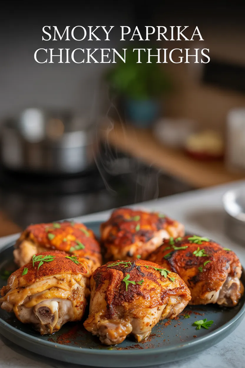 Plate of smoky paprika chicken thighs with crispy, golden-brown skin and a deep red spice crust, garnished with chopped fresh parsley. Steam rises from the hot chicken, suggesting it was freshly cooked, with a softly blurred kitchen background.