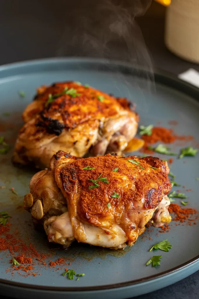 Two smoky paprika chicken thighs served on a dark ceramic plate, with crispy, golden-red skin and garnished with chopped parsley. The chicken is steaming hot, with visible paprika powder sprinkled on the plate and a warm, rustic presentation