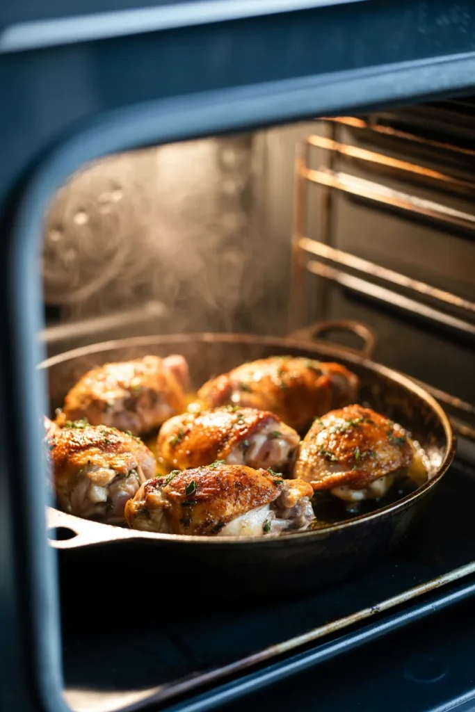 Golden-brown smoky paprika chicken thighs roasting in a cast iron skillet inside an oven. The chicken skin is crisping with visible spices and herbs, and steam rises from the hot pan under warm oven lighting