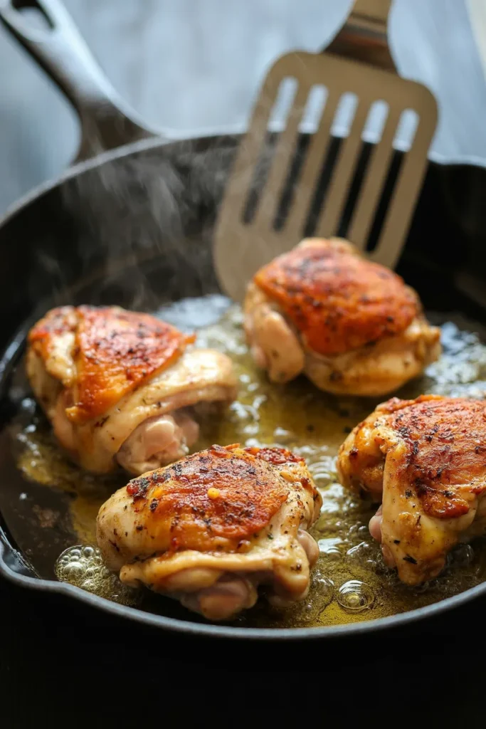 Four smoky paprika chicken thighs searing in a cast iron skillet, with golden crispy skin and sizzling oil, steam rising as a metal spatula rests nearby.