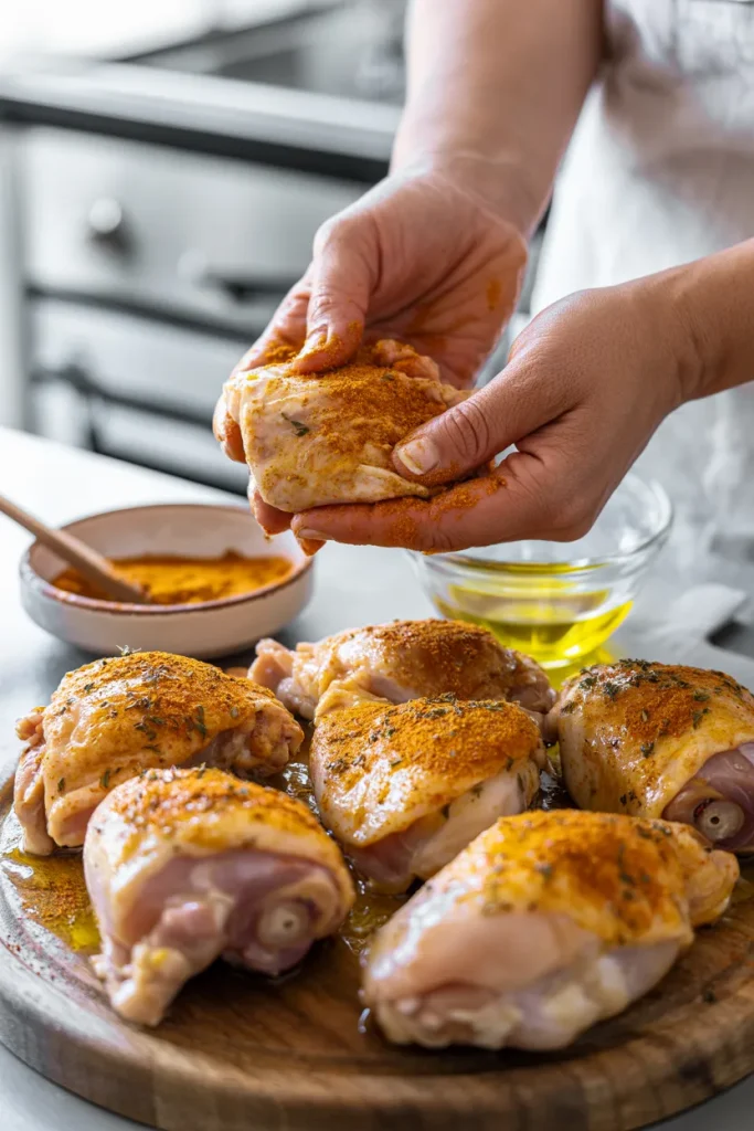 Person patting raw chicken thighs dry with paper towels on a kitchen counter, with an oven preheating in the background and a cast iron skillet lined with foil nearby.