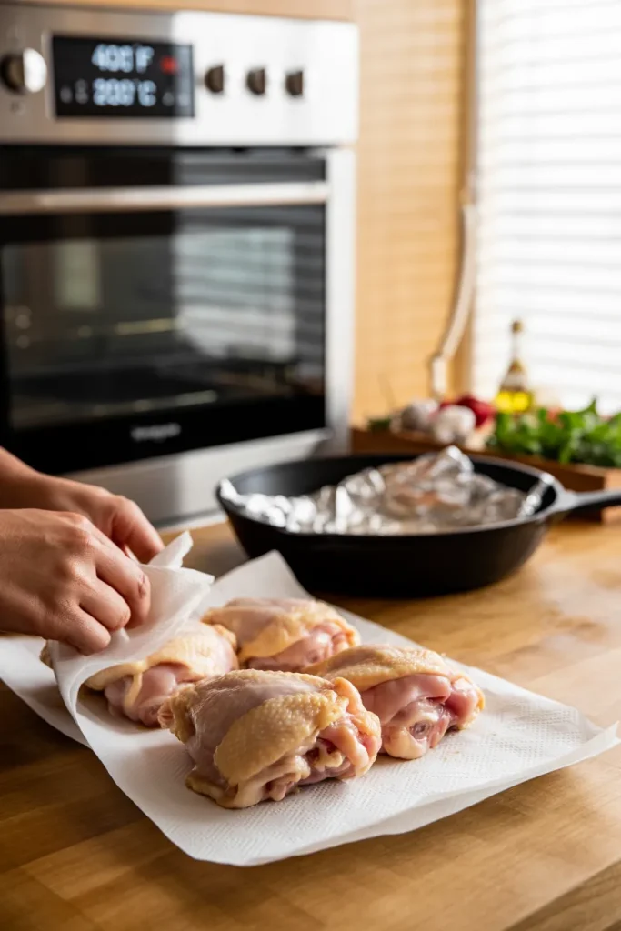 Person patting raw chicken thighs dry with a paper towel on a wooden countertop, with an oven preheating to 400°F in the background and a cast iron skillet lined with foil nearby. Fresh ingredients like garlic, parsley, and olive oil are visible on the counter.