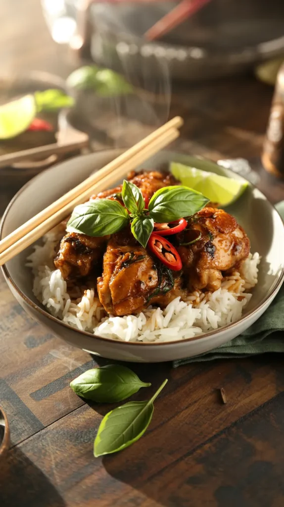 Finished Thai basil chili chicken thighs served over jasmine rice garnished with fresh basil leaves, red chilies and lime wedges in ceramic bowl with chopsticks