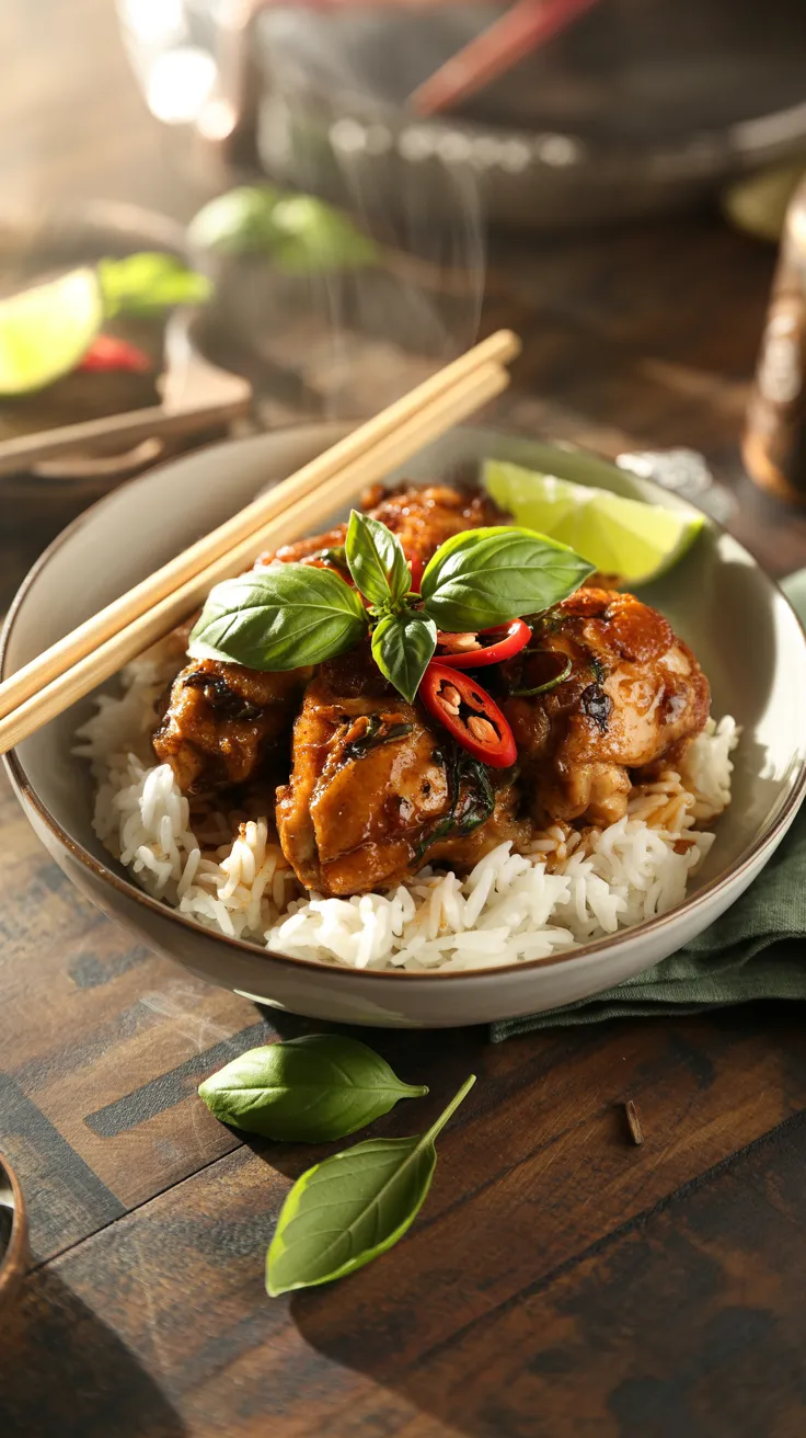 Finished Thai basil chili chicken thighs served over jasmine rice garnished with fresh basil leaves, red chilies and lime wedges in ceramic bowl with chopsticks
