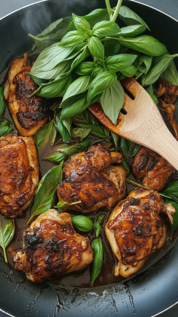 Fresh Thai basil leaves being added to glossy sauce-coated chicken thigh pieces in wok off heat for Thai basil chili chicken thighs recipe step 7