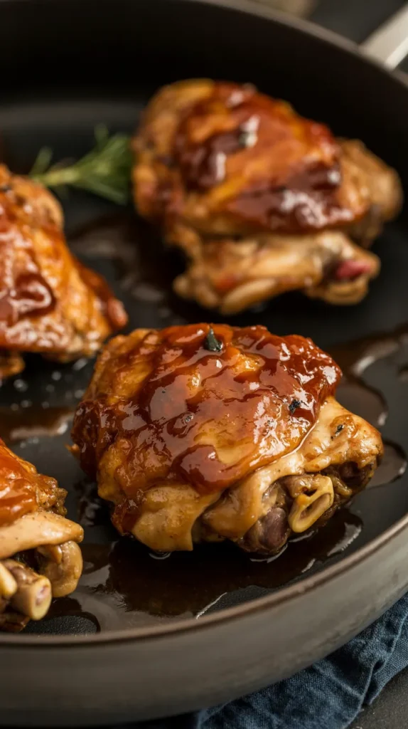 Chicken thigh pieces coated in glossy caramelized Thai sauce after adding remaining sauce mixture for Thai basil chili chicken thighs recipe step 6