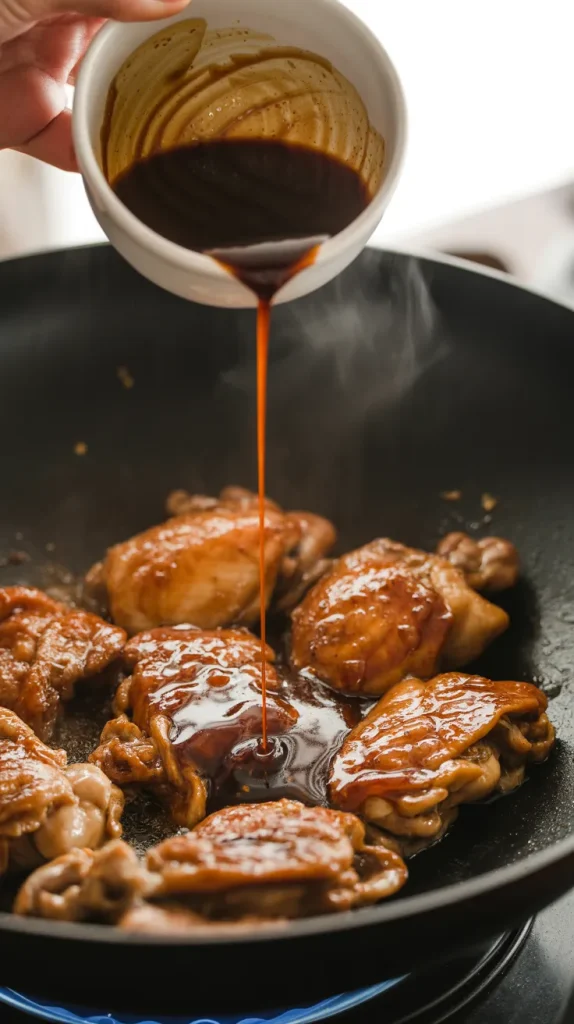 Pouring Thai sauce mixture over caramelized chicken thigh pieces and aromatics in wok for Thai basil chili chicken thighs recipe step 5