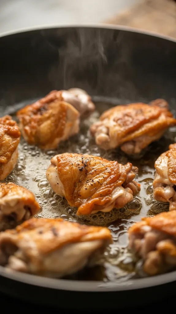 Golden-brown chicken thigh pieces searing in hot wok with caramelized edges for Thai basil chili chicken thighs recipe step 3