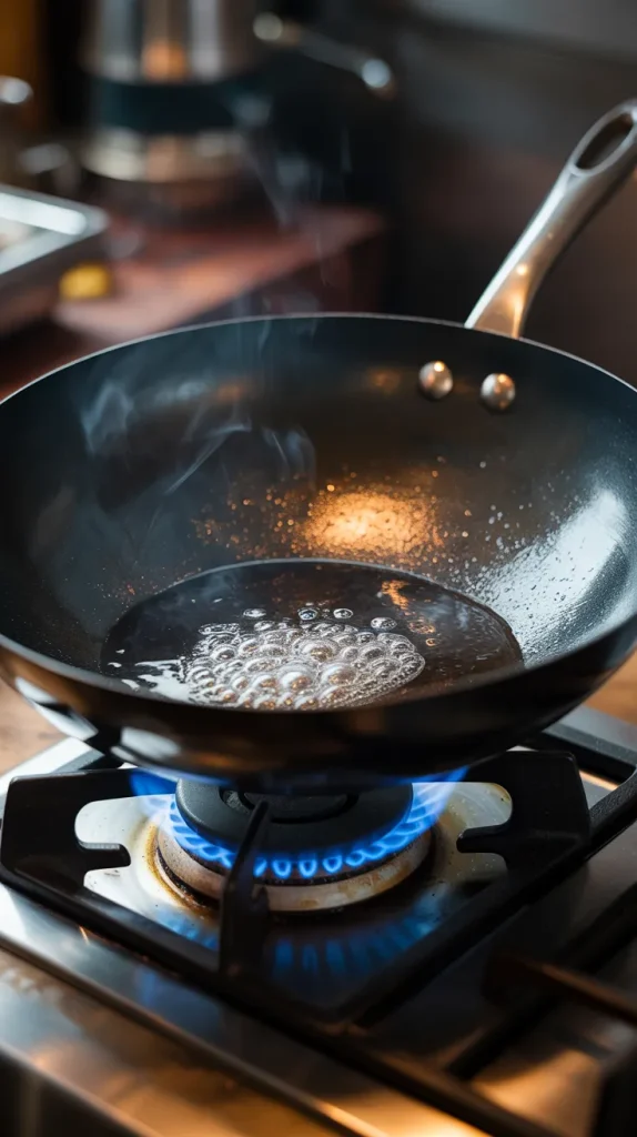 Hot wok with shimmering oil on high heat gas burner preparing for Thai basil chili chicken thighs recipe step 2