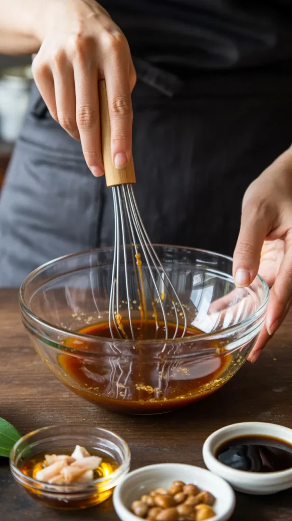 Whisking Thai basil chicken sauce with fish sauce, soy sauce and oyster sauce in glass bowl for Thai basil chili chicken thighs recipe step 1
