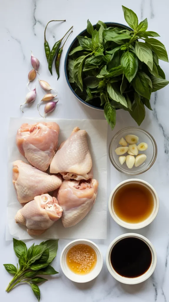 Thai basil chili chicken thighs ingredients flat lay showing raw chicken thighs, fresh Thai basil, garlic, shallots, chilies, fish sauce, soy sauce and oyster sauce on marble surface