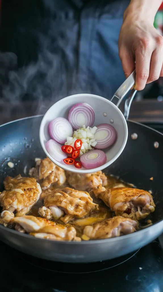 Adding sliced shallots, minced garlic and red Thai chilies to golden-brown chicken thigh pieces cooking in wok for Thai basil chili chicken thighs recipe step 4