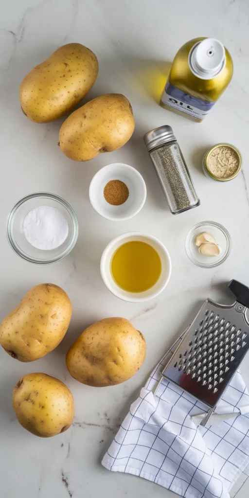 Air fryer hash browns ingredients flat lay on marble counter including fresh potatoes, salt, pepper, garlic powder, olive oil, cooking spray and box grater