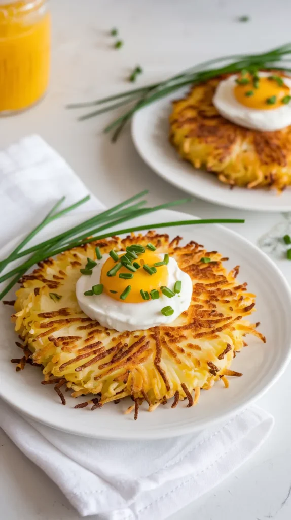 Golden crispy air fryer hash browns served on white plate topped with fried egg and fresh chives, perfect breakfast presentation