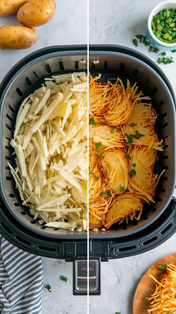 Before and after split image of air fryer hash browns showing raw shredded potatoes on left and golden crispy cooked hash browns on right in air fryer basket