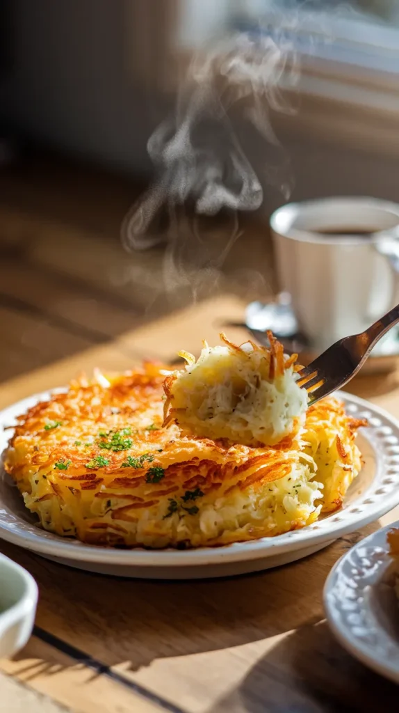 Fork taking bite of crispy air fryer hash browns showing fluffy interior texture with steam rising, served on white plate with coffee cup in background