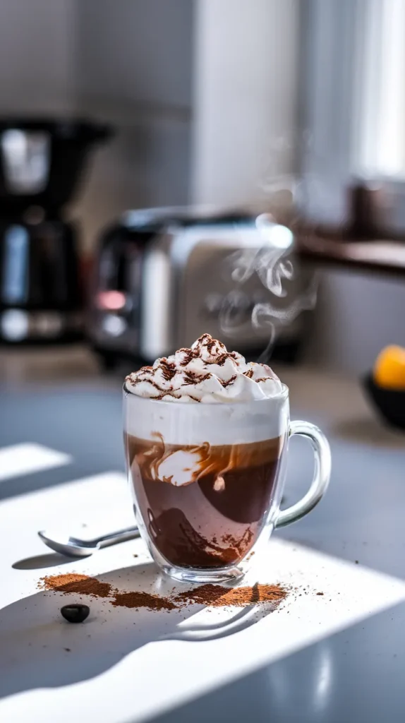 Einspanner coffee in clear glass mug with layered espresso and whipped cream topped with chocolate shavings on kitchen counter with coffee beans scattered around