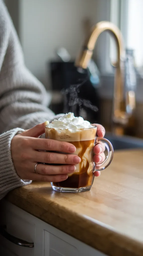 Hands holding clear glass mug of Einspanner coffee with layered espresso and whipped cream in cozy kitchen setting