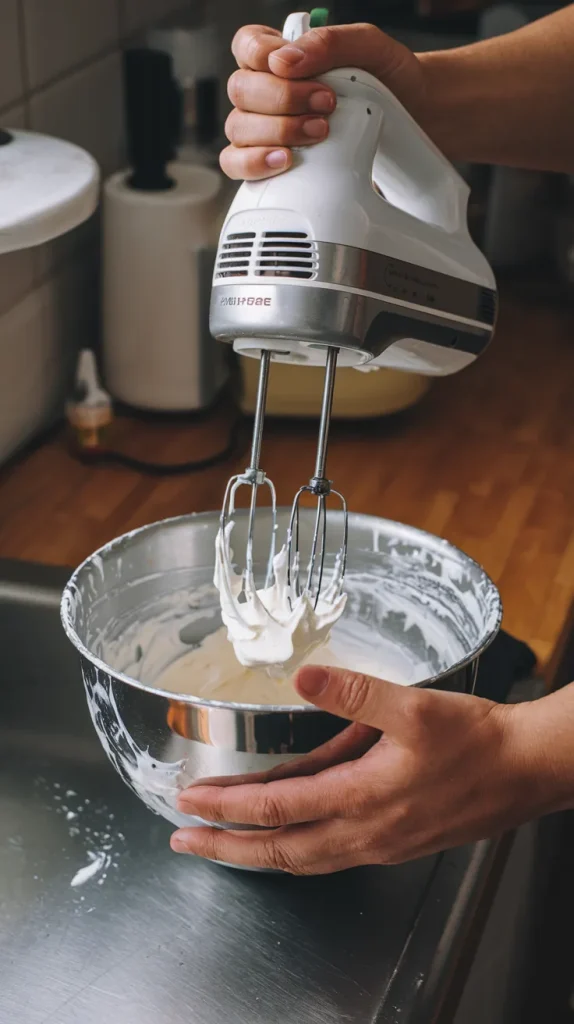 Hands using electric mixer to whip heavy cream in metal bowl for Einspanner coffee preparation