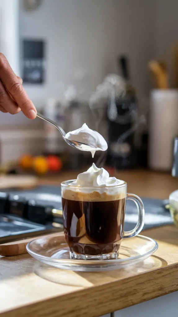 Hand spooning whipped cream onto Einspanner coffee in clear glass mug showing assembly process with steam rising from hot espresso