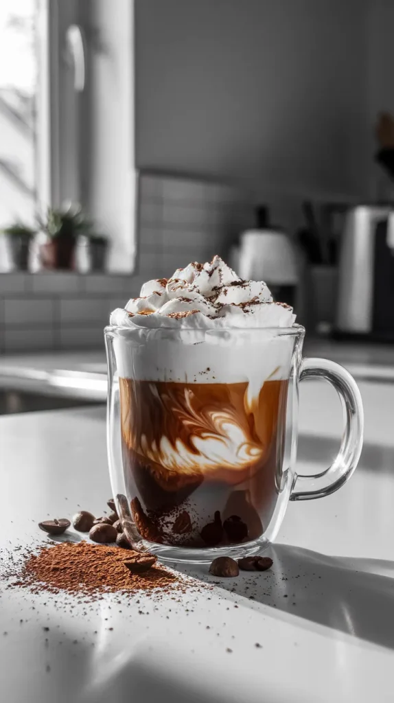 Finished Einspanner coffee in clear glass mug with layered espresso, cream swirls, and whipped cream topped with cocoa powder and coffee beans scattered on counter
