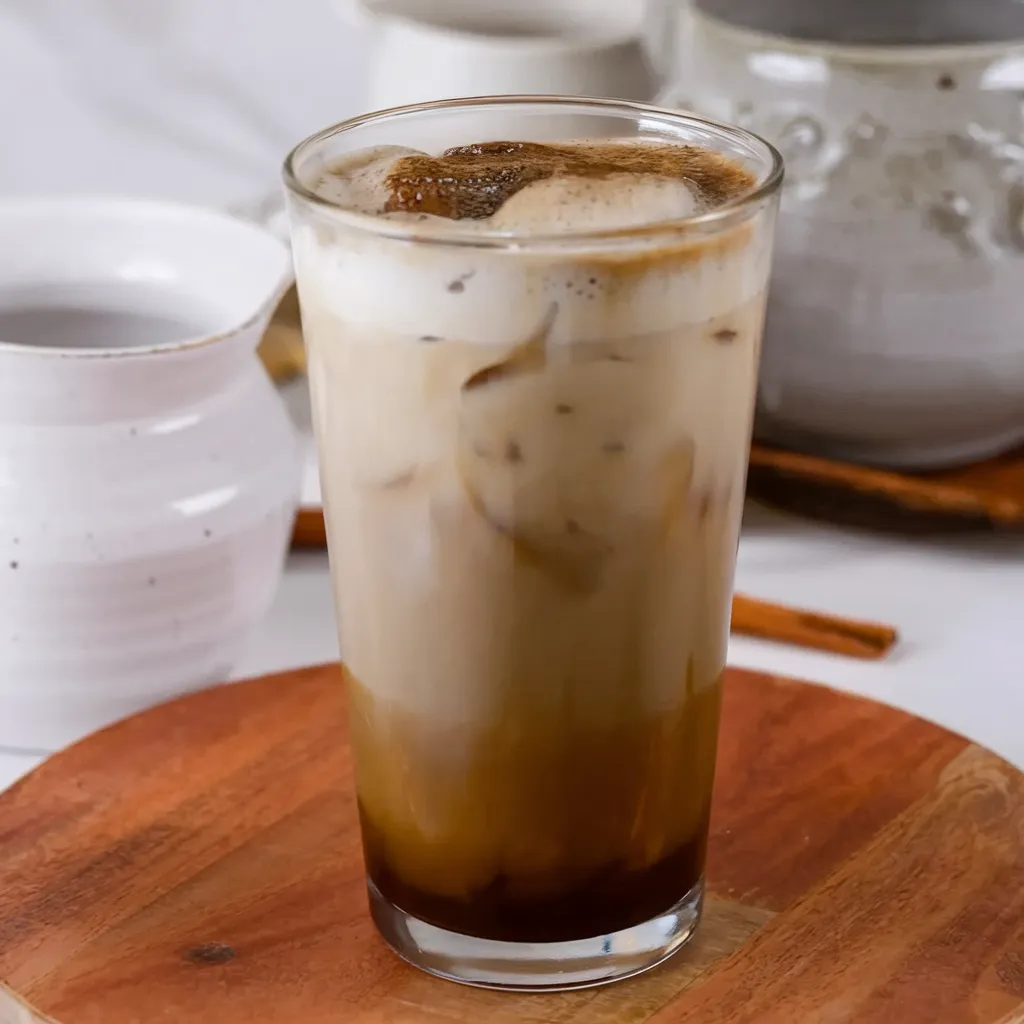 Iced hojicha latte with layered amber tea and creamy milk in glass on wooden coaster