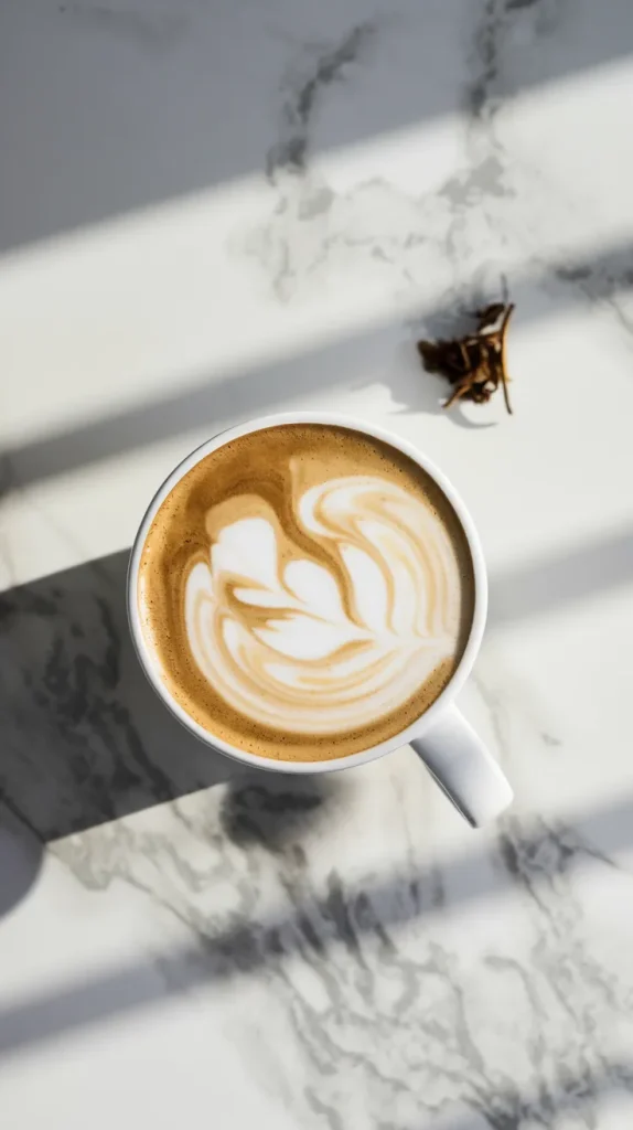 Perfect hojicha latte with rosetta latte art in white mug on marble surface