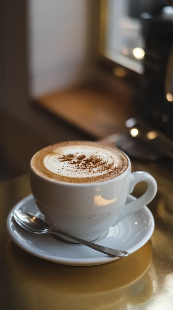 Hojicha latte with cocoa powder dusting in white cup and saucer at cozy café
