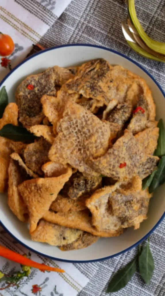 Crispy, golden-brown salmon skin chips served in a white bowl, garnished with red chili peppers. This easy and delicious salmon skin chips recipe transforms often-discarded fish skins into a healthy, low-carb snack packed with beneficial omega-3 fatty acids. Enjoy these homemade salmon skin crisps as a savory, crunchy alternative to traditional potato chips while reducing food waste in your kitchen.
