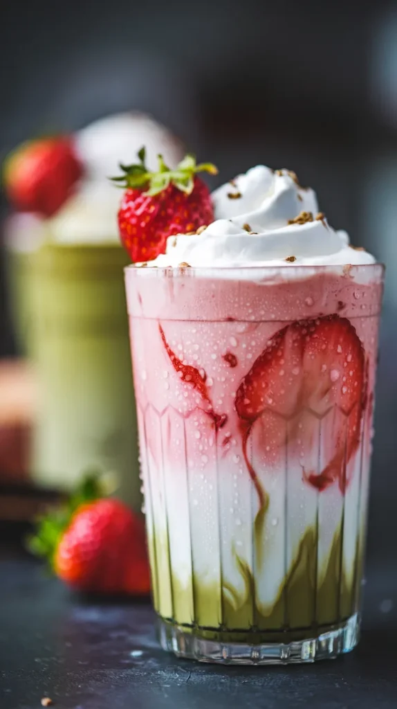 Strawberry matcha latte in ridged glass with whipped cream topping, fresh strawberry garnish, and visible green matcha layer at bottom