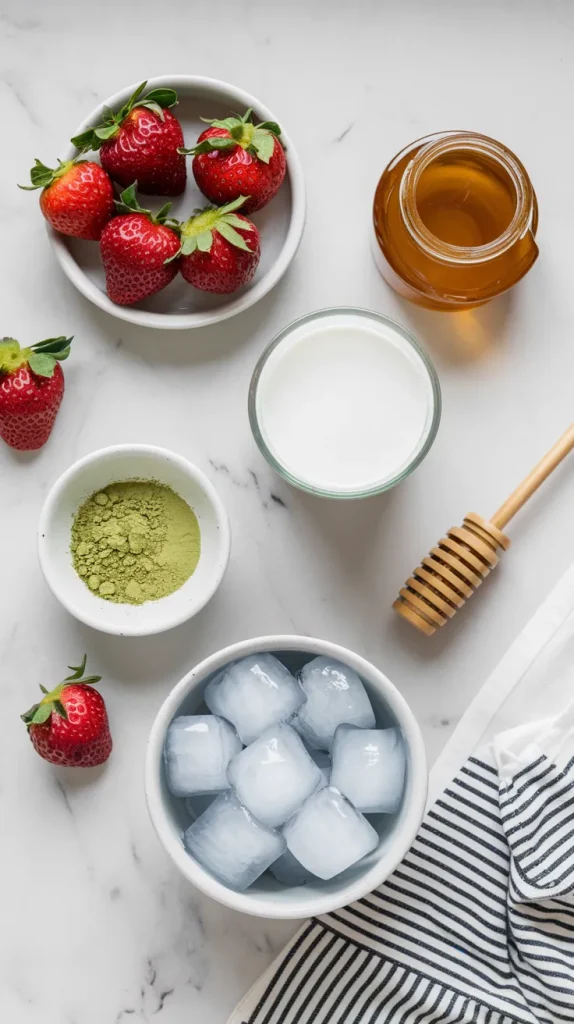 Strawberry matcha latte ingredients flat lay on marble surface: fresh strawberries, matcha powder, milk, honey, ice cubes, and wooden honey dipper