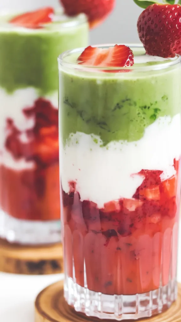 Strawberry matcha iced latte with three distinct layers in clear glass, garnished with fresh strawberry slice