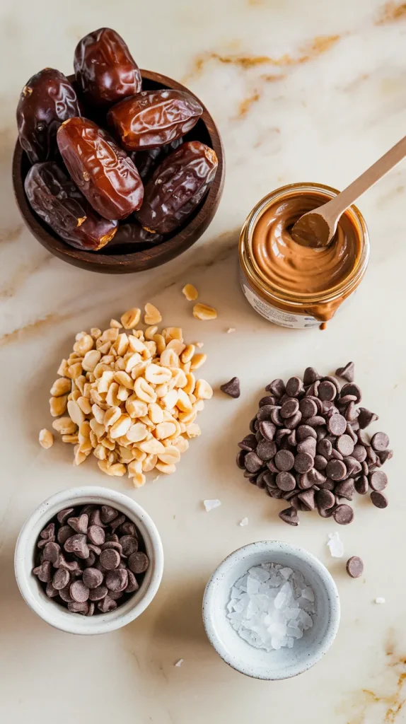 Essential date bark ingredients: Medjool dates, peanut butter, chopped nuts, chocolate chips, and sea salt on marble background