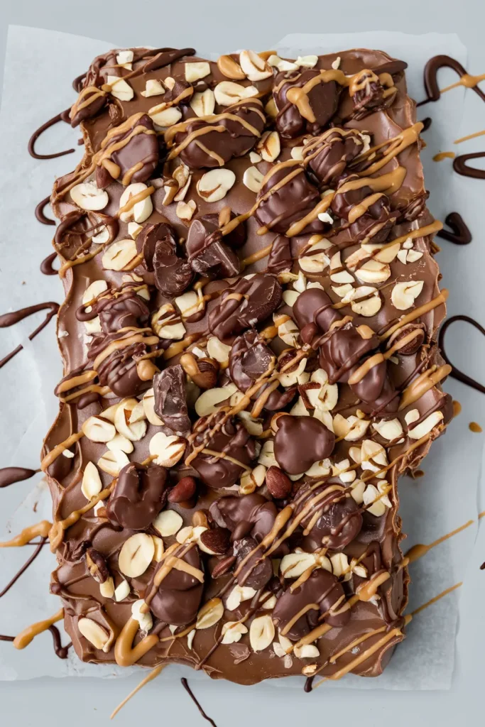 Viral date bark recipe finished product - chocolate peanut butter date bark with chopped peanuts and caramel drizzle on parchment paper healthy Snickers alternative