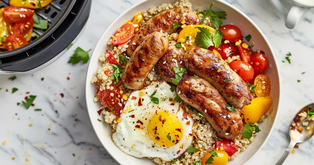 Overhead view of a protein-packed breakfast bowl featuring golden-brown air-fried chicken sausage links, sunny-side up egg, quinoa, cherry tomatoes, and fresh herbs in a white ceramic bowl, with black air fryer basket visible in background on marble counter