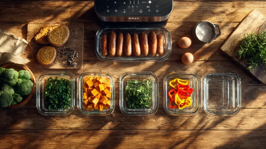 Overhead flat lay of a modern kitchen counter with chicken sausages, sweet potatoes, spinach, bell peppers, and eggs beside a Ninja air fryer and five empty glass meal prep containers in golden hour light.