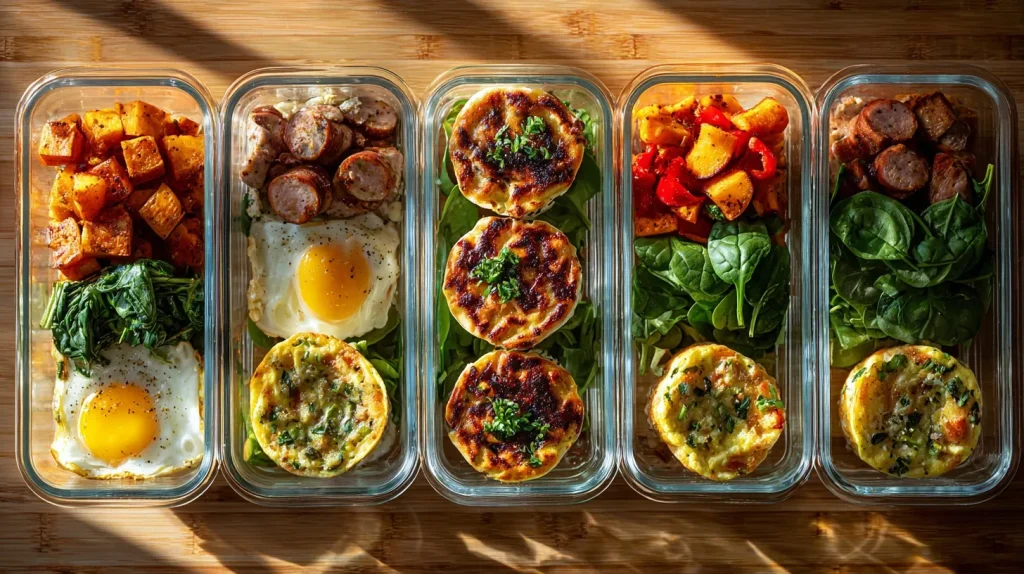 Glass meal prep containers on a wooden surface, filled with protein-rich air fryer breakfasts such as eggs, chicken sausage, sweet potatoes, spinach, and vegetables, captured in natural golden light.