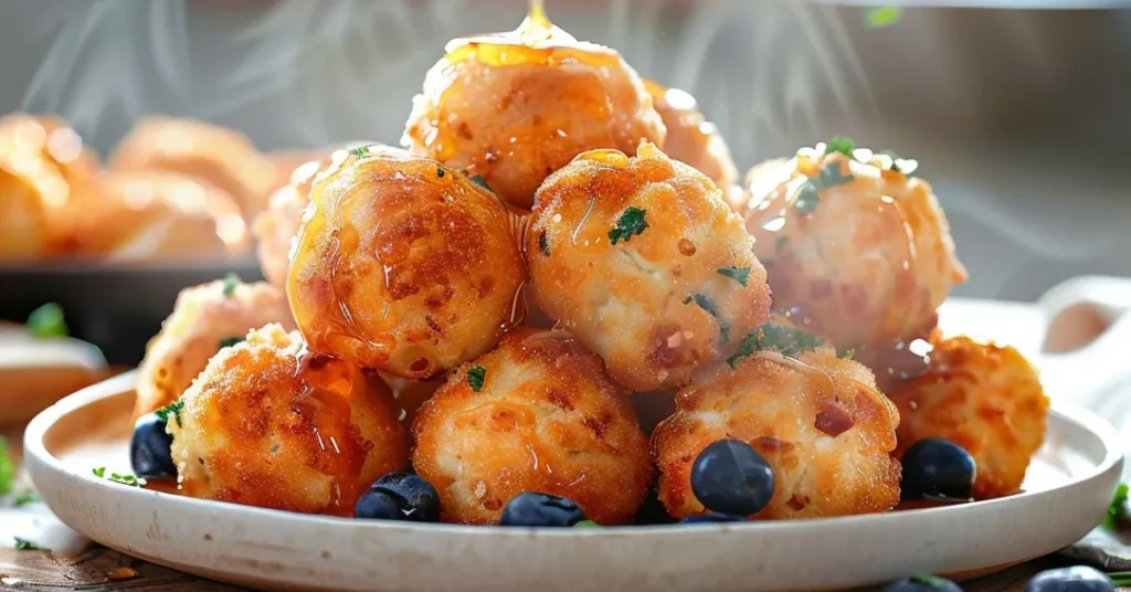 Stack of golden-brown cottage cheese protein bites drizzled with honey, garnished with fresh blueberries and herbs on a white plate, showing steam rising from warm breakfast bites