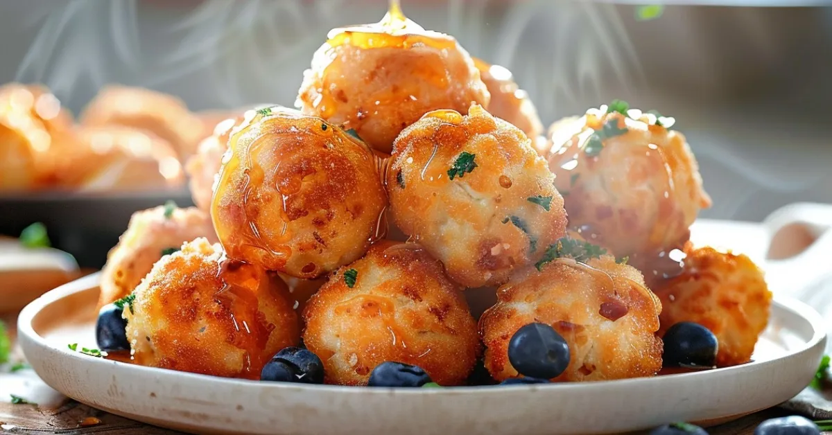 Stack of golden-brown cottage cheese protein bites drizzled with honey, garnished with fresh blueberries and herbs on a white plate, showing steam rising from warm breakfast bites
