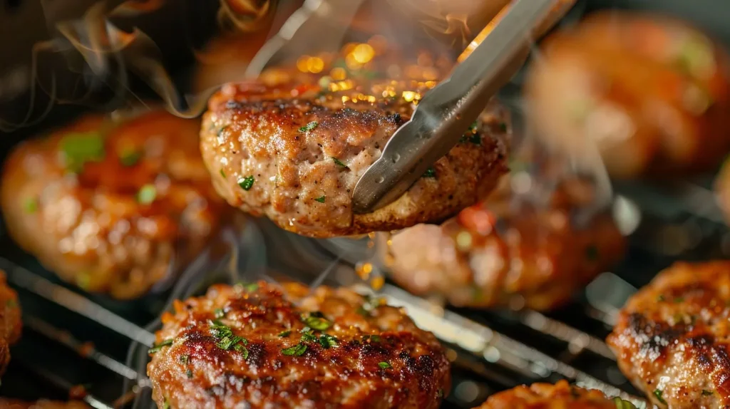 Golden brown turkey sausage patty being lifted with tongs from air fryer basket, showing crispy edges and herbs, containing 28 grams of protein per serving