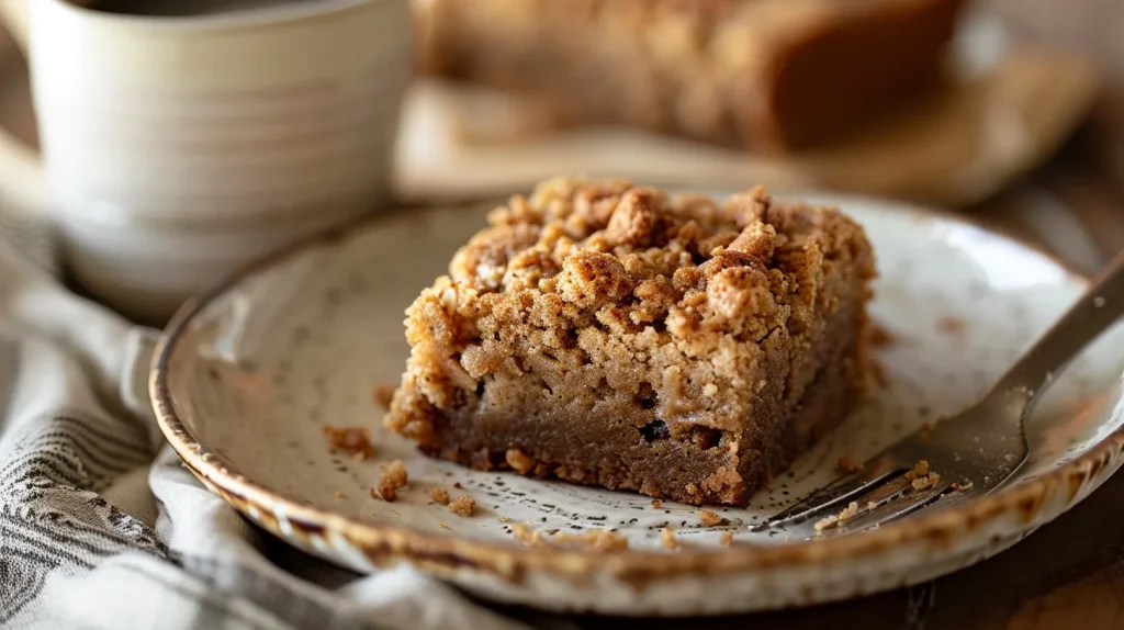 A golden brown protein coffee cake square with chunky crumb topping on a vintage glass plate, surrounded by coffee cups in a warm kitchen setting