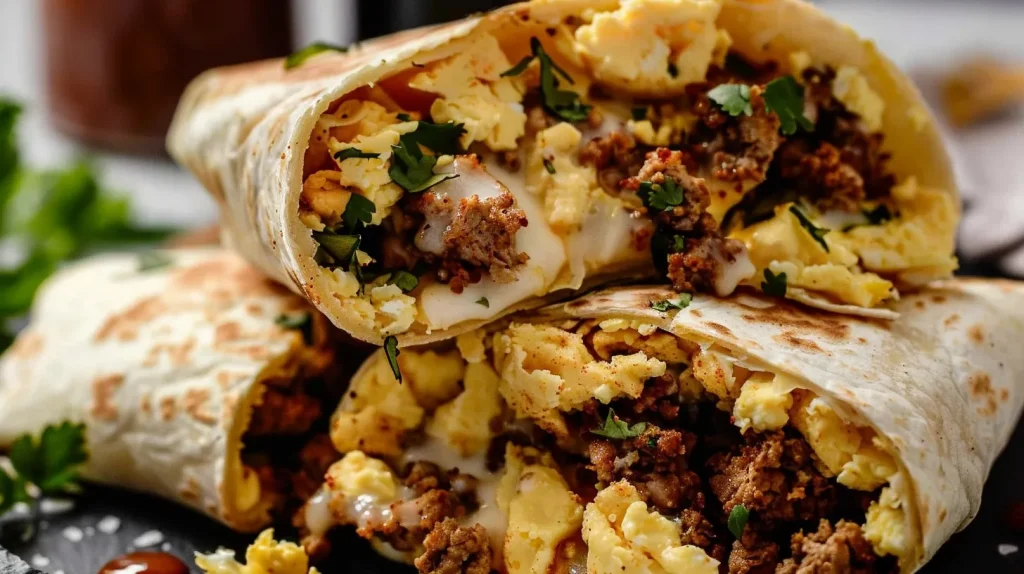 Cut breakfast wrap showing scrambled eggs, seasoned ground turkey, melted cheese, and fresh cilantro garnish on dark plate