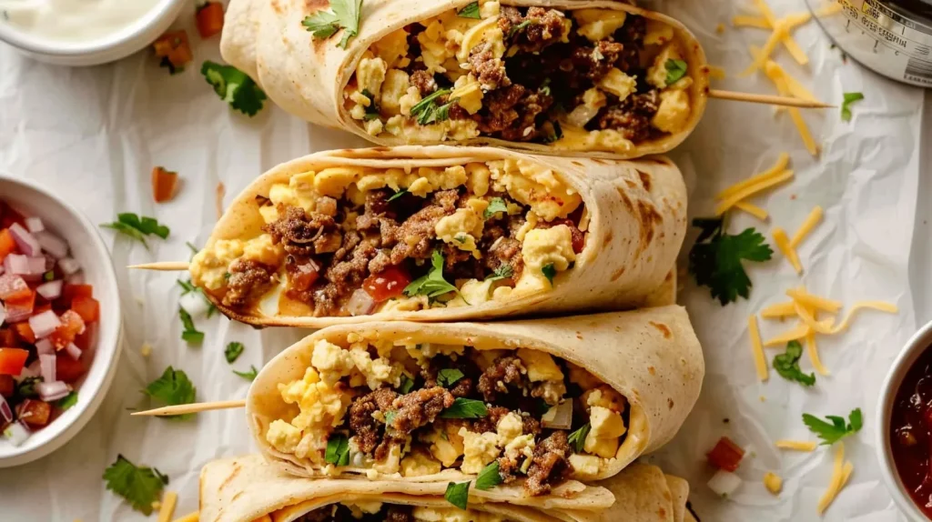 "Overhead view of four breakfast wraps with scrambled eggs and ground turkey, secured with toothpicks, arranged on white parchment paper with fresh cilantro and shredded cheese"