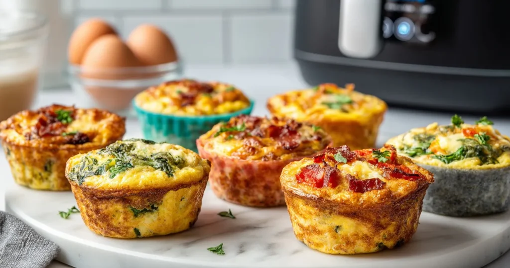 Six golden-brown air fryer egg muffins in colorful silicone cups showing various ingredients like bacon, cheese, spinach, and peppers on marble countertop with air fryer in background