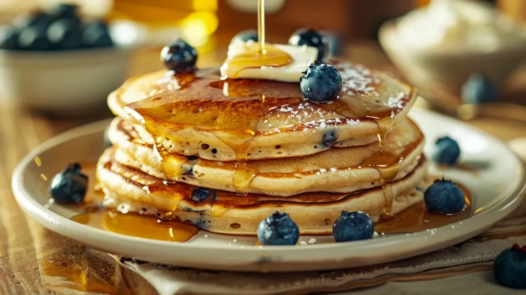 Stack of fluffy protein pancakes with blueberries on white plate, maple syrup pouring from top, melting butter pat, golden brown pancakes with visible blueberries baked inside, wooden table surface, kitchen background blurred